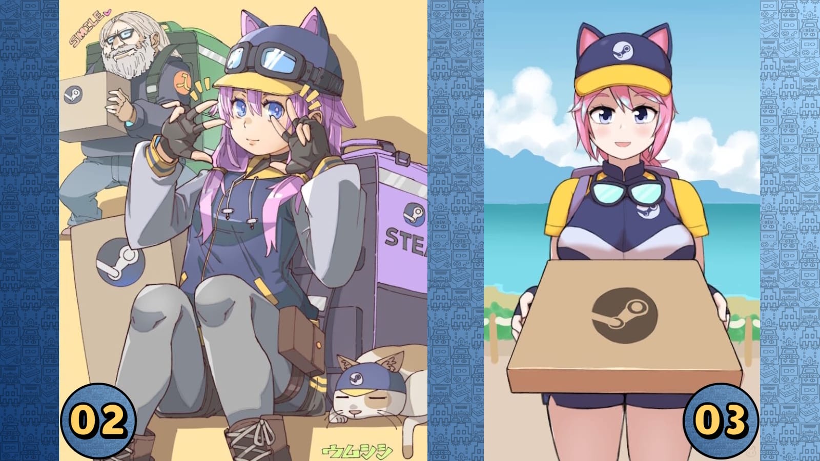 lustração com personagem de cabelo roxo sentado em caixa Steam ao lado de gato; idoso ao fundo carrega mochila e caixa.