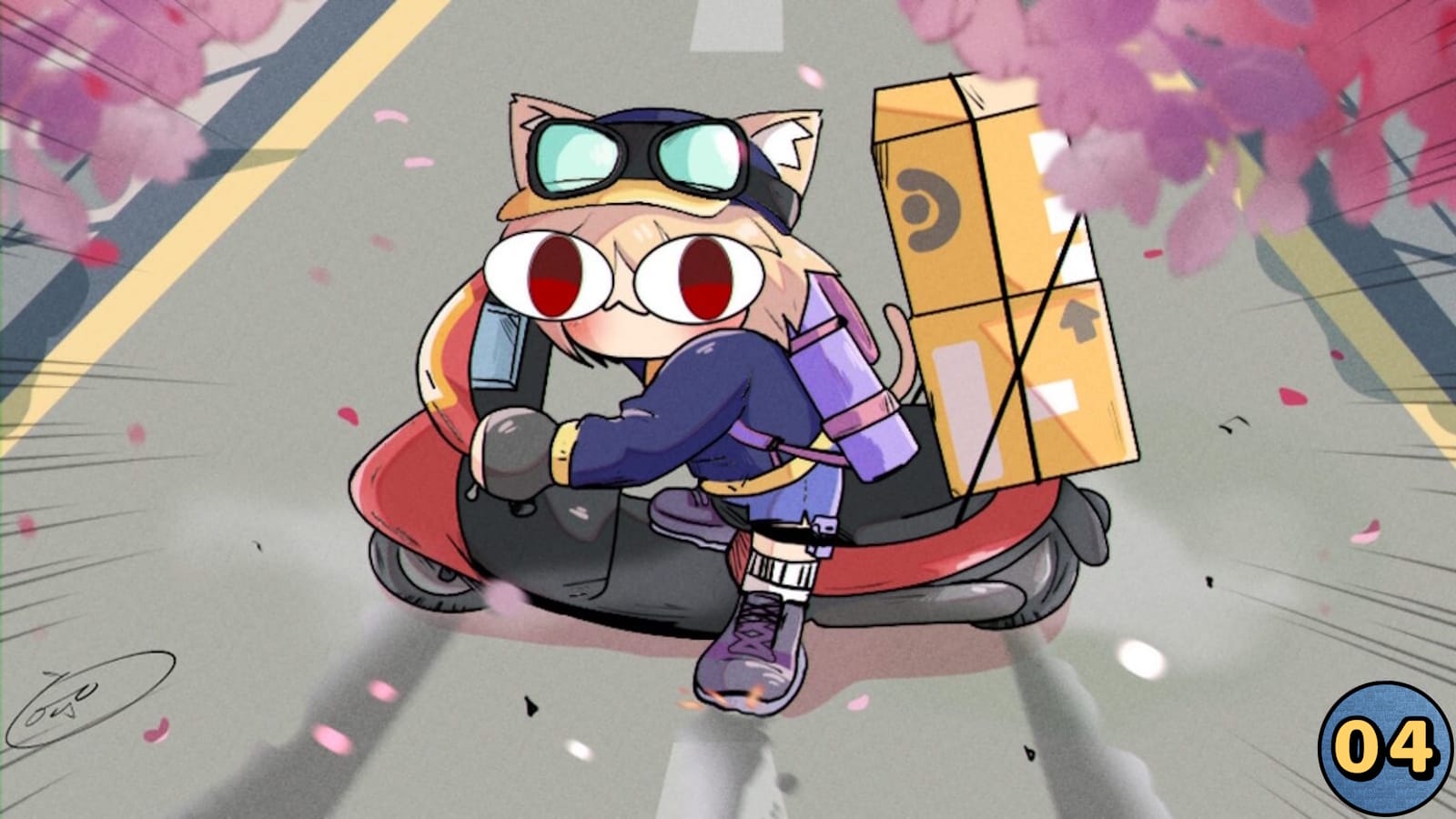 Gato estilizado com óculos e jaqueta pilotando scooter vermelha com caixa grande nas costas em estrada com pétalas rosas.
