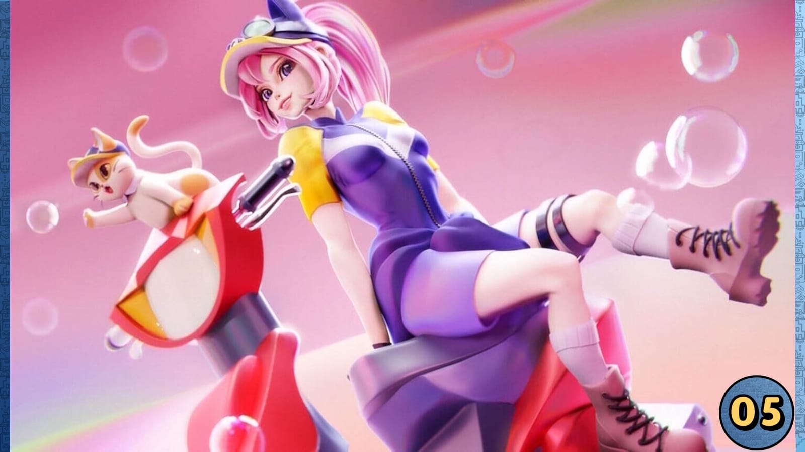 Personagem de cabelo rosa sentado em scooter vermelha com gato ao lado, em cenário rosa com bolhas translúcidas.