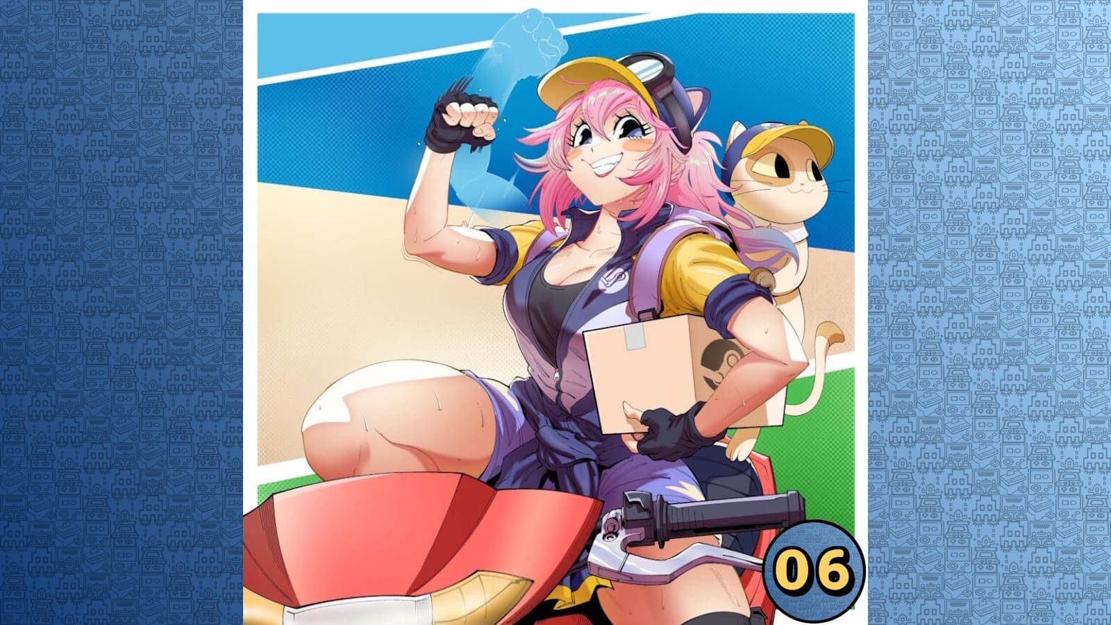 Personagem de cabelo rosa em uniforme amarelo e roxo segurando caixa, com gato no ombro, sentado em scooter vermelha.