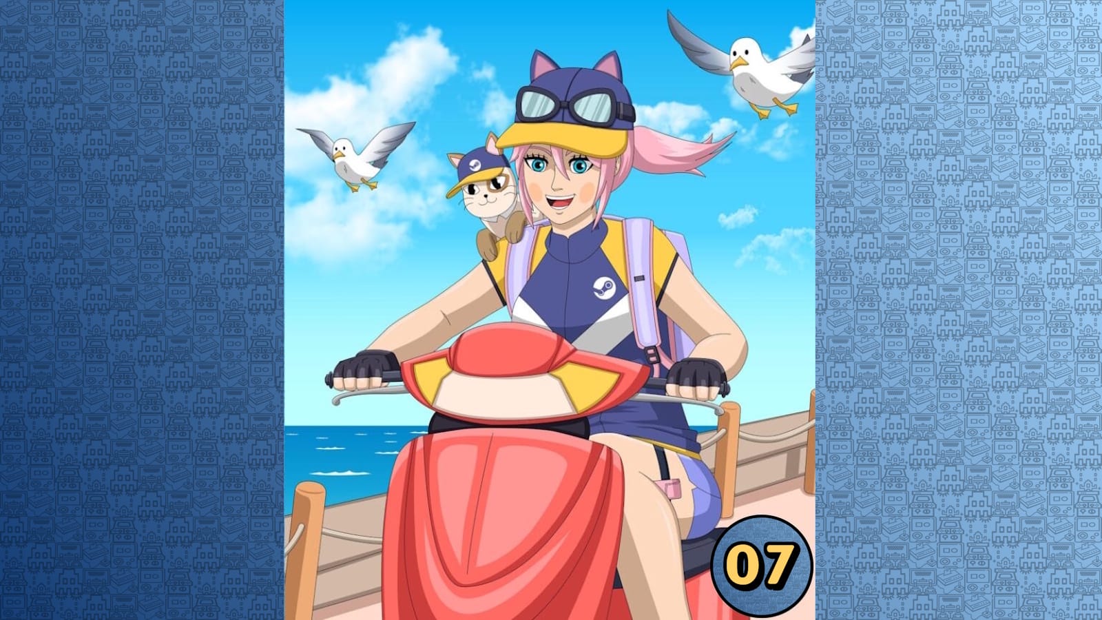 Personagem de cabelo rosa pilotando scooter vermelha à beira-mar com gato no ombro, céu azul e gaivotas ao fundo.