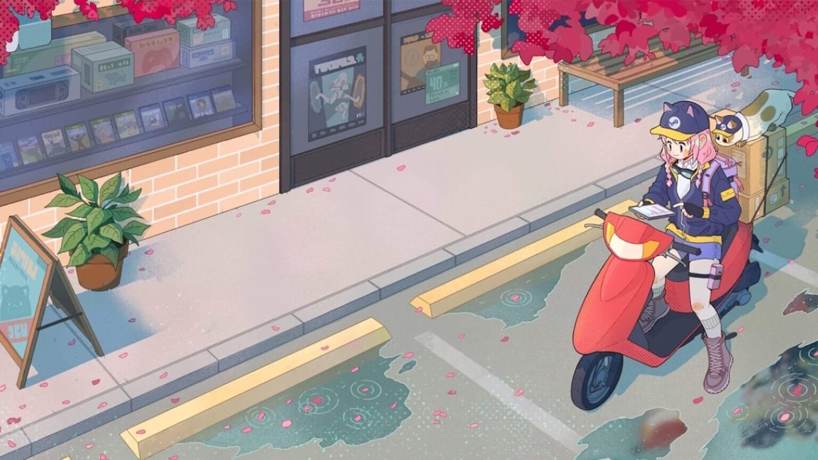 Personagem em uniforme azul e amarelo sentado em scooter vermelha diante de loja com caixas e gato sobre elas em rua pós‑chuva.
