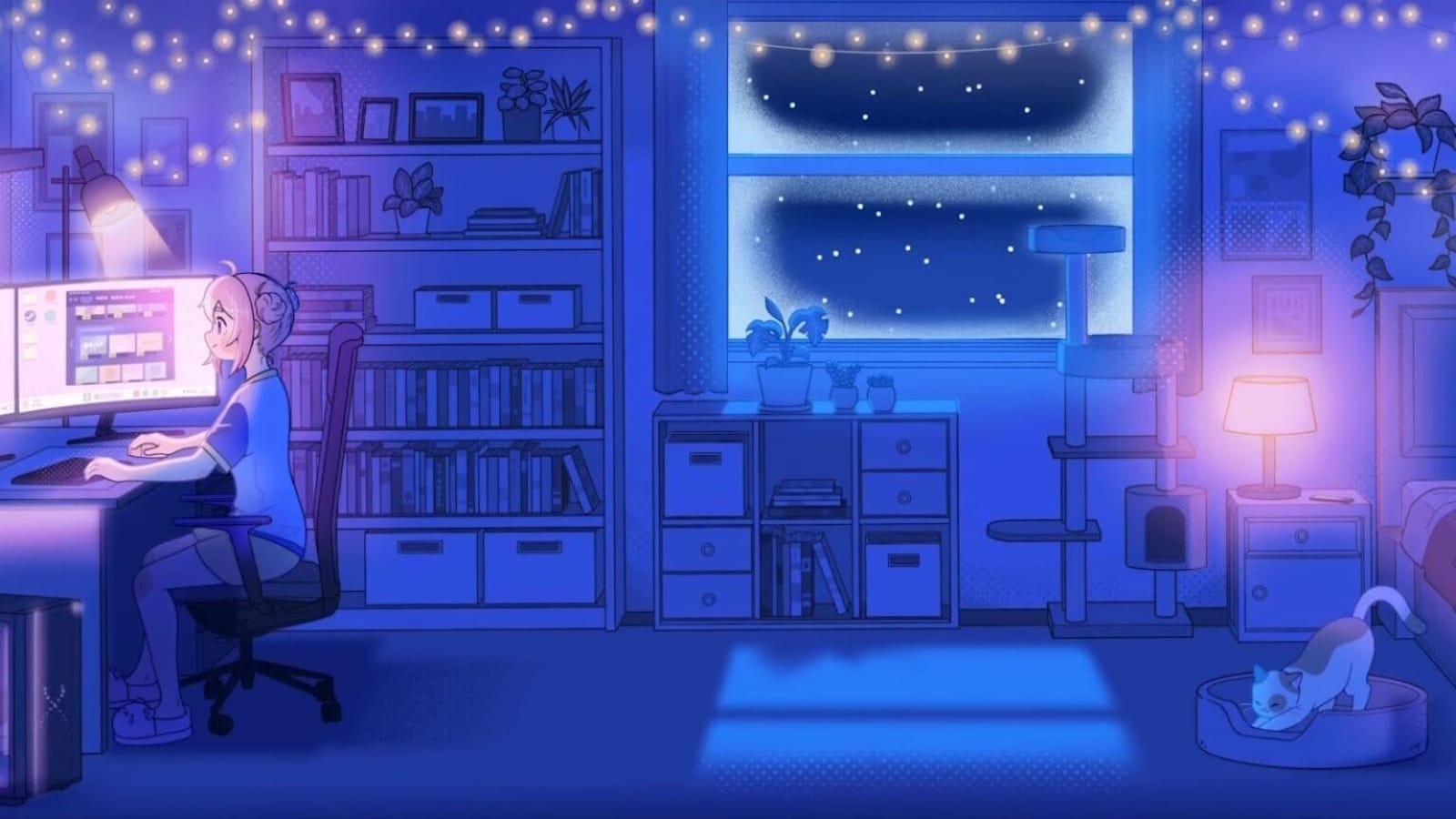 Quarto iluminado em tons azuis e roxos com pessoa em mesa de computador, estantes, plantas, luzes e gato brincando no chão.