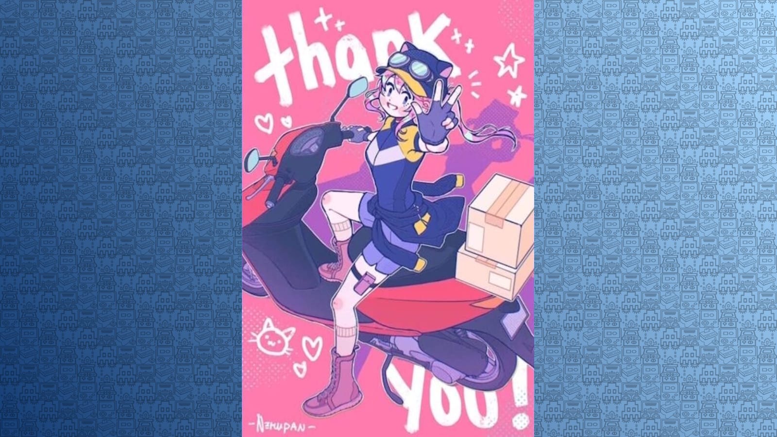 Personagem em uniforme azul e amarelo sentado em scooter vermelha com caixas, fundo rosa com estrelas e texto ‘thank YOU!’.