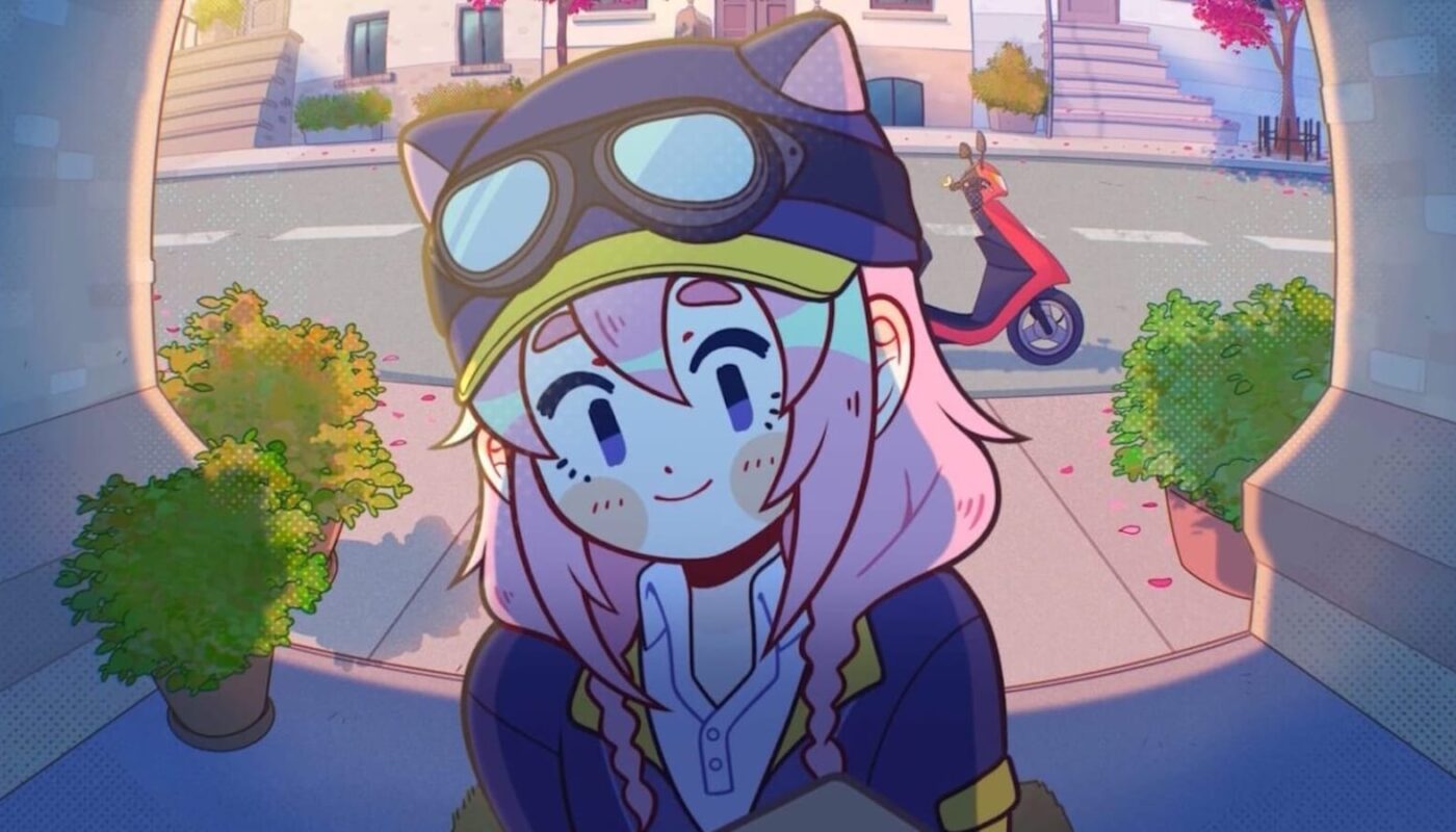 Personagem de cabelo rosa com boné de orelhas de gato sorrindo diante de rua ensolarada com scooter vermelha e plantas.