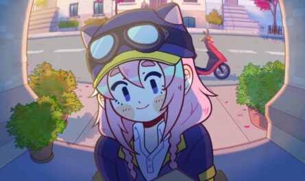 Personagem de cabelo rosa com boné de orelhas de gato sorrindo diante de rua ensolarada com scooter vermelha e plantas.