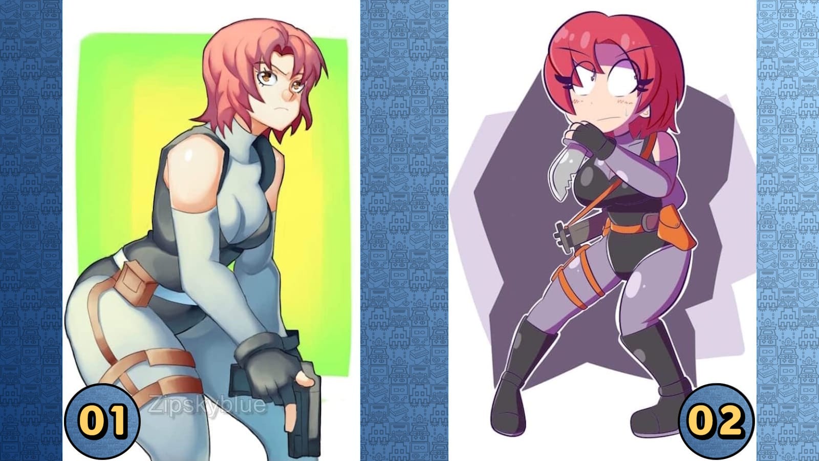 Duas ilustrações da mesma personagem ruiva: à esquerda em estilo realista com traje tático cinza e azul; à direita em estilo cartunesco com proporções exageradas e fundo roxo geométrico.