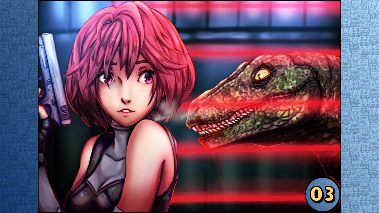 Personagem ruiva segurando arma encarando dinossauro verde em cenário futurista com lasers vermelhos horizontais.