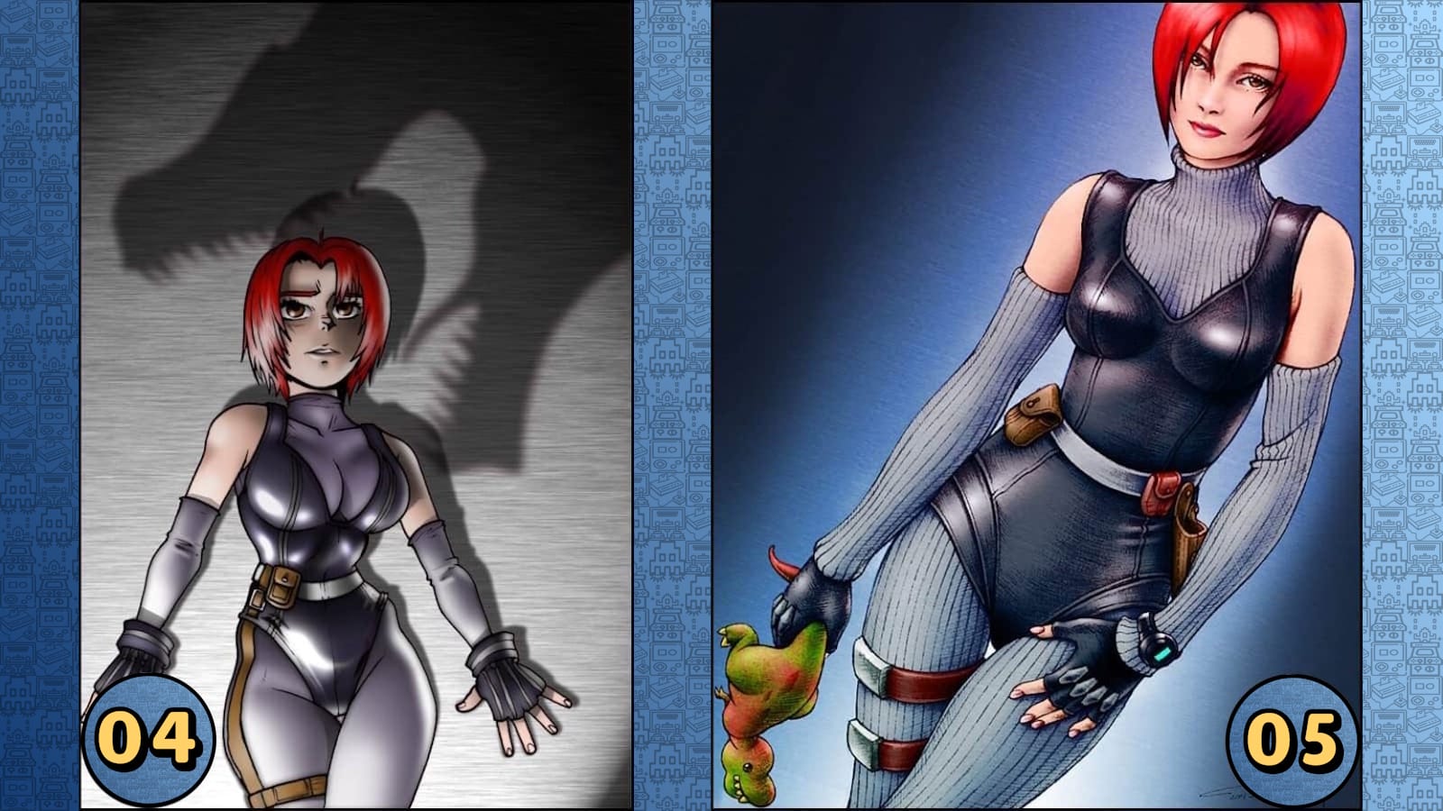 Duas ilustrações da personagem ruiva: à esquerda com sombra de dinossauro atrás em fundo metálico; à direita em estilo mais detalhado segurando dinossauro de brinquedo.