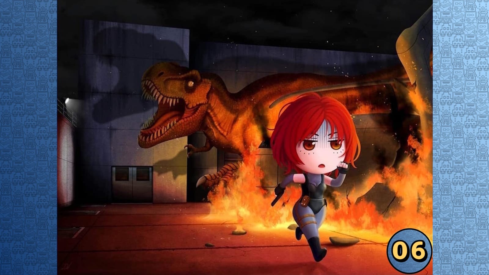 Cena chibi com personagem ruiva correndo de T‑Rex em ambiente industrial em chamas.