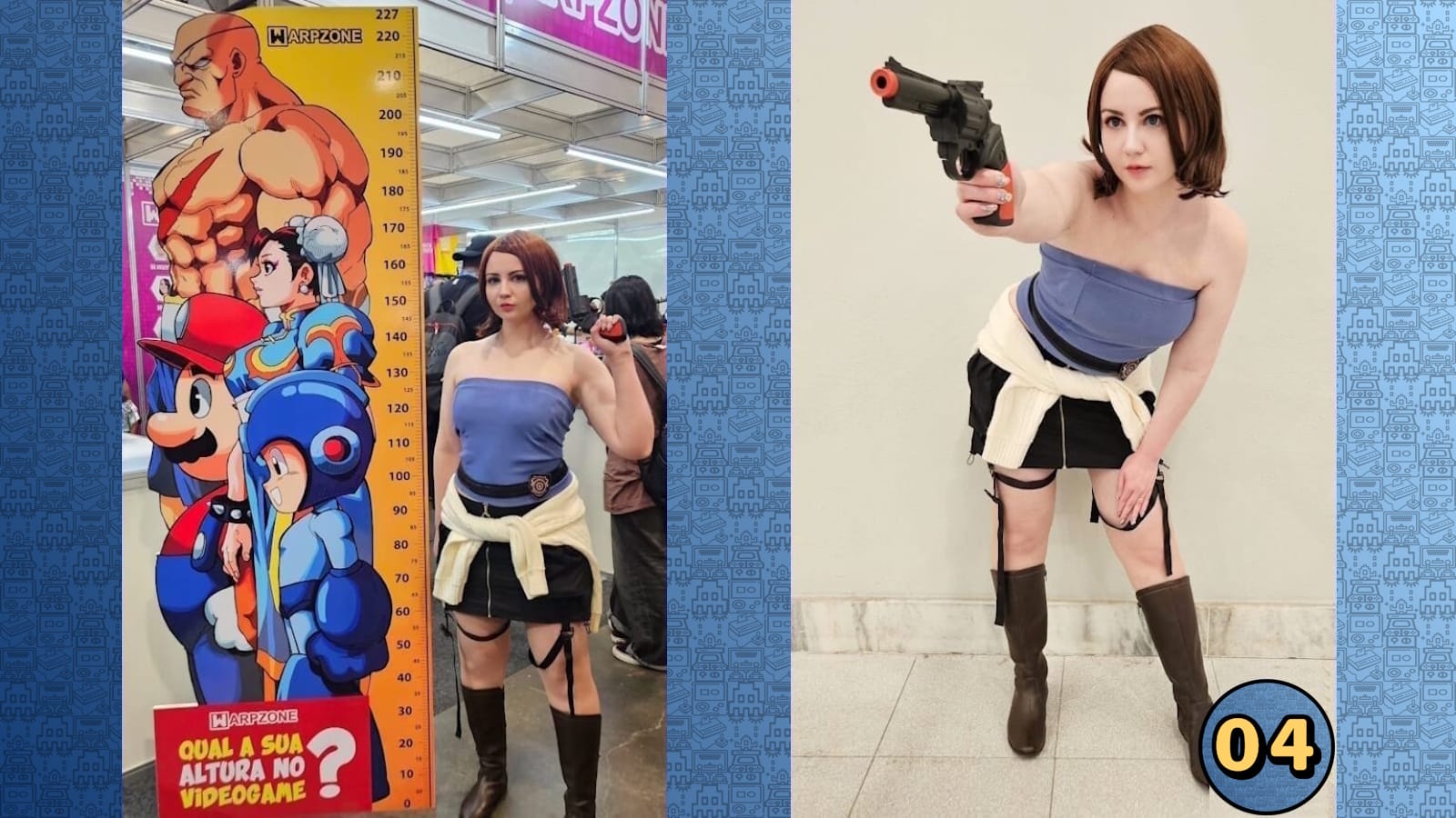 Duas fotos: à esquerda, pessoa ao lado de régua com personagens de videogame; à direita, mesma pessoa apontando arma cenográfica em pose dinâmica.
