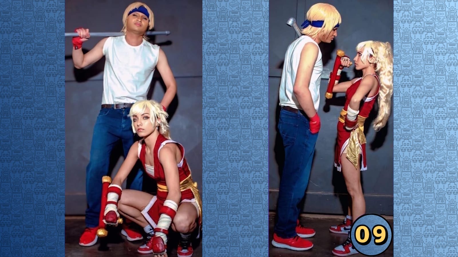Duas fotos mostrando cosplayers em trajes vermelhos e azuis com armas cenográficas. Um segura bastão metálico; o outro, cajado vermelho com pontas douradas.