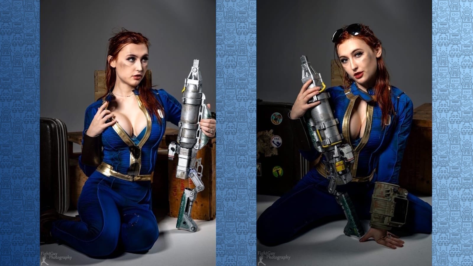 Duas fotos de pessoa com macacão azul e dourado segurando arma futurista grande. Na segunda imagem, usa Pip‑Boy no braço. Fundo com caixas de madeira e mala com adesivos.