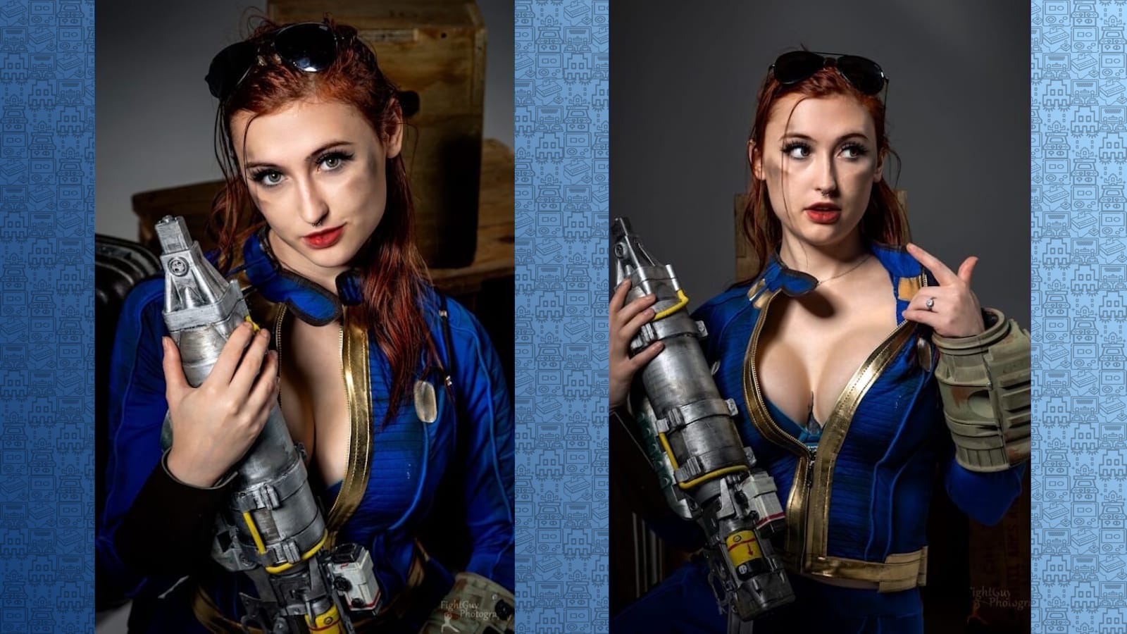 Pessoa com macacão azul e dourado, óculos sobre a cabeça e Pip‑Boy no braço, segurando arma metálica grande em estúdio escuro.