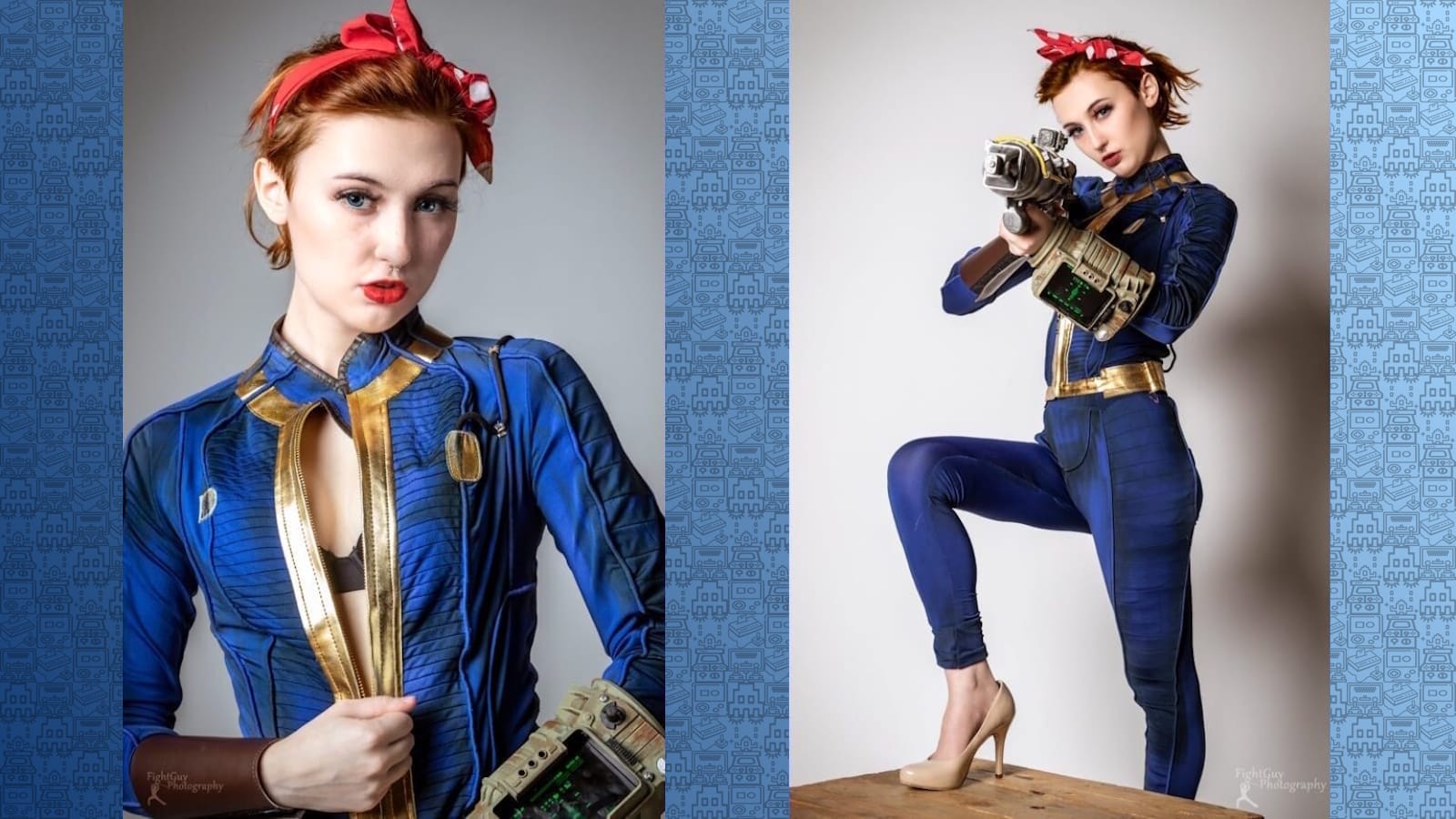 Duas fotos de pessoa com macacão azul e dourado estilo Fallout, bandana vermelha e Pip‑Boy no braço. À esquerda segura o zíper do traje; à direita posa com arma futurista usando salto bege diante de fundo branco com moldura azul.