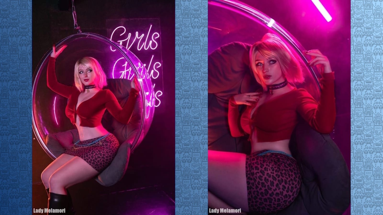 Duas fotos de pessoa em cadeira transparente suspensa, com luzes neon rosa e roxo. Usa blusa vermelha, saia de oncinha, choker preto e botas. Letreiro ‘Girls Girls Girls’ aparece na imagem esquerda.