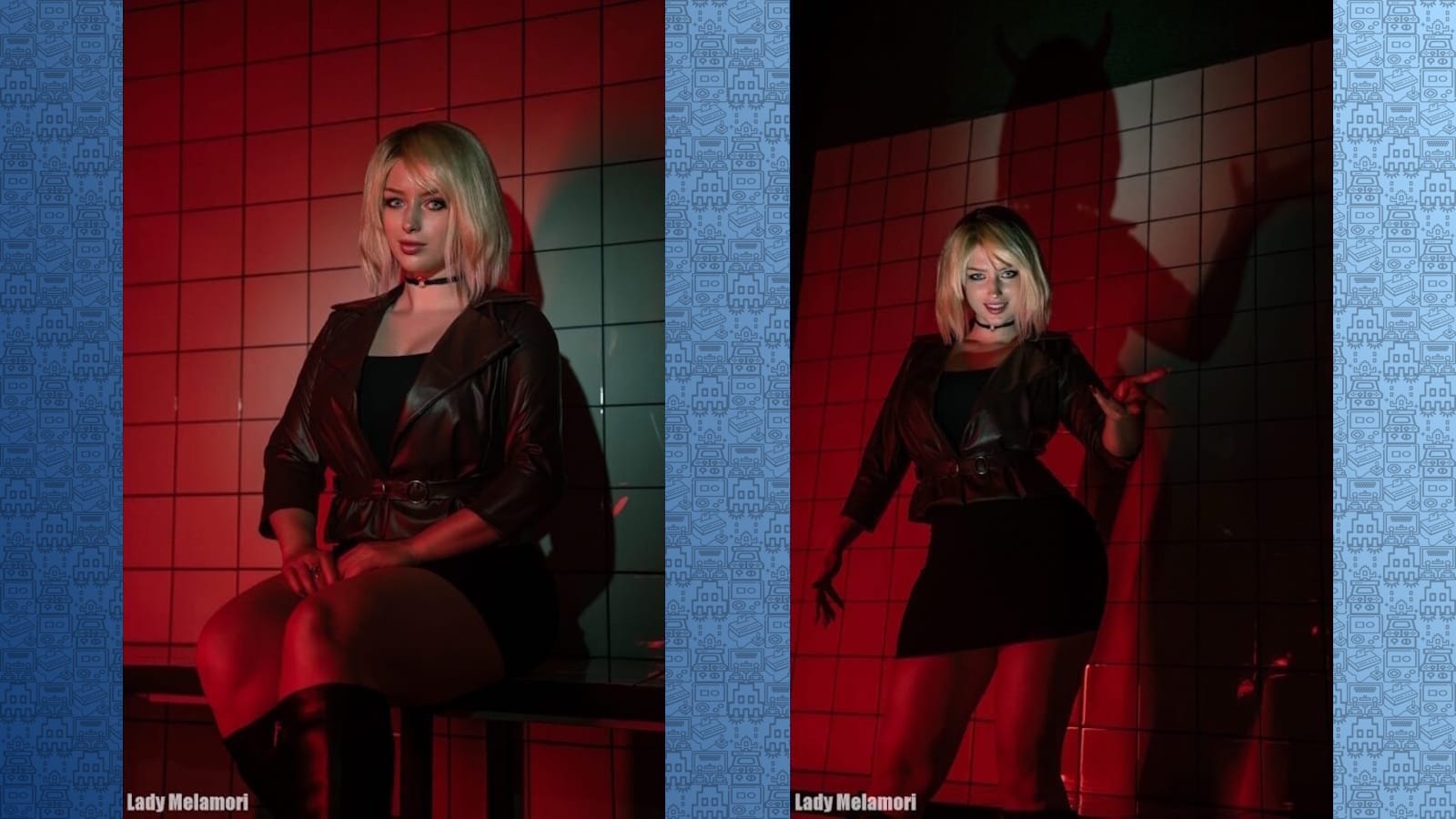Duas fotos lado a lado de pessoa com vestido preto, jaqueta de couro e botas. Fundo de azulejos vermelhos. À esquerda, sentada em banco; à direita, em pé com mãos erguidas, projetando sombra.