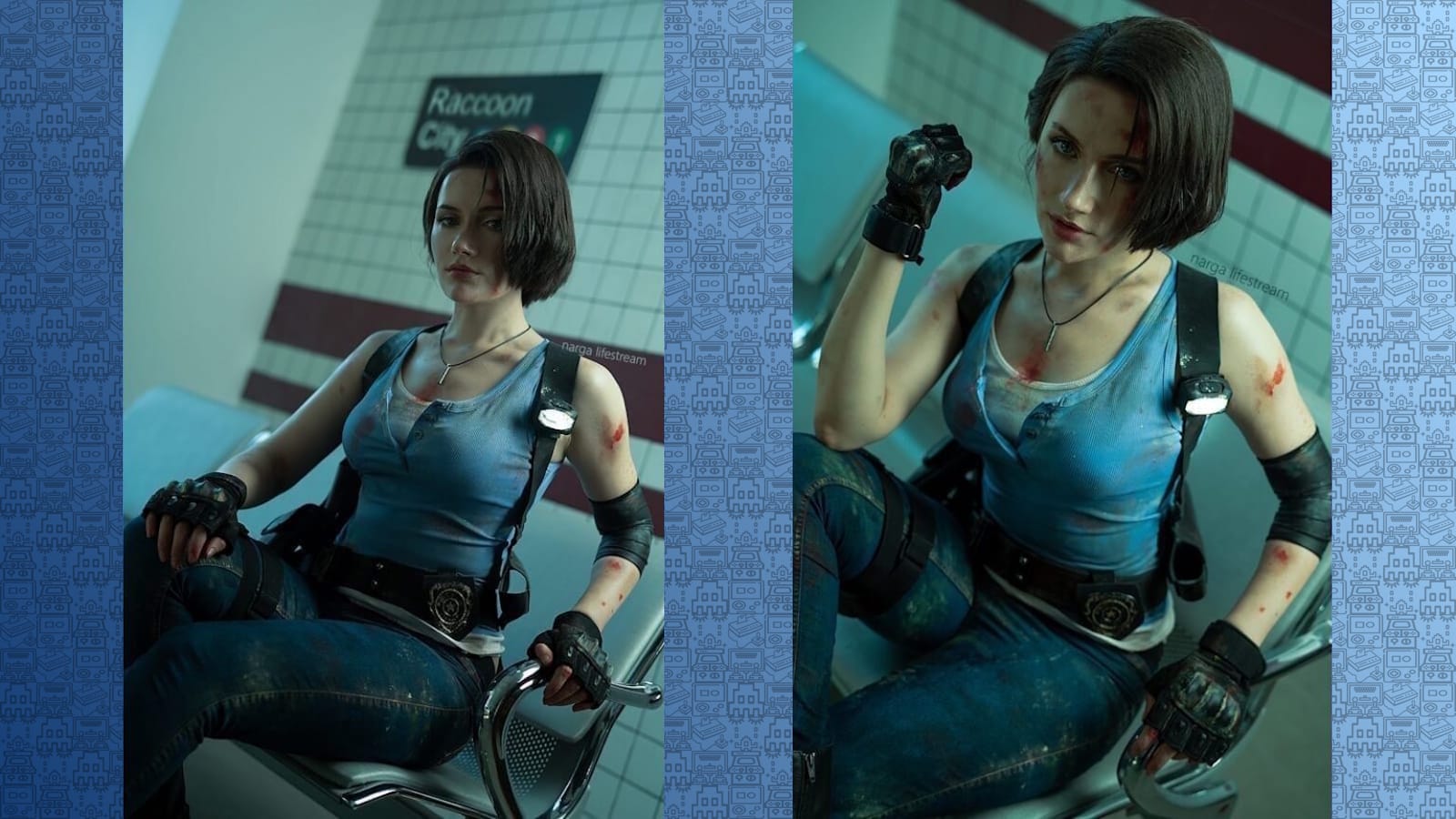 Duas fotos de pessoa caracterizada como Jill Valentine sentada em cadeira metálica em estação com parede azulejada e placa ‘Raccoon City’. Usa regata azul, luvas, coldres e maquiagem com sangue.