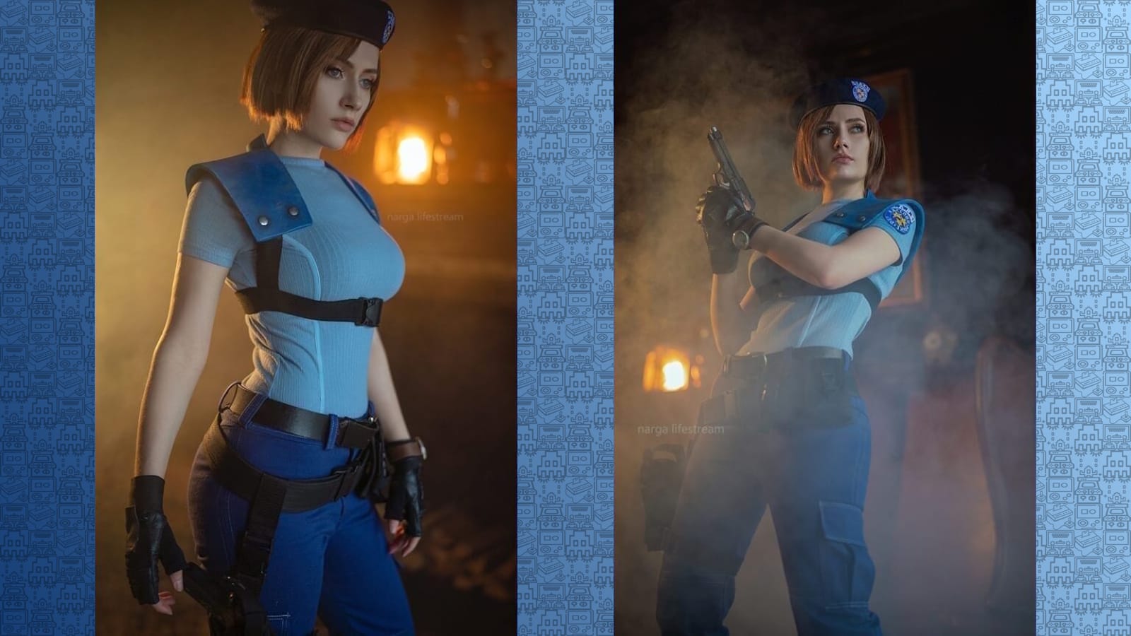 Duas fotos de cosplay de Jill Valentine com camisa azul clara, boina e coldres. À esquerda segura arma; à direita posa em cenário com luz quente e fumaça.