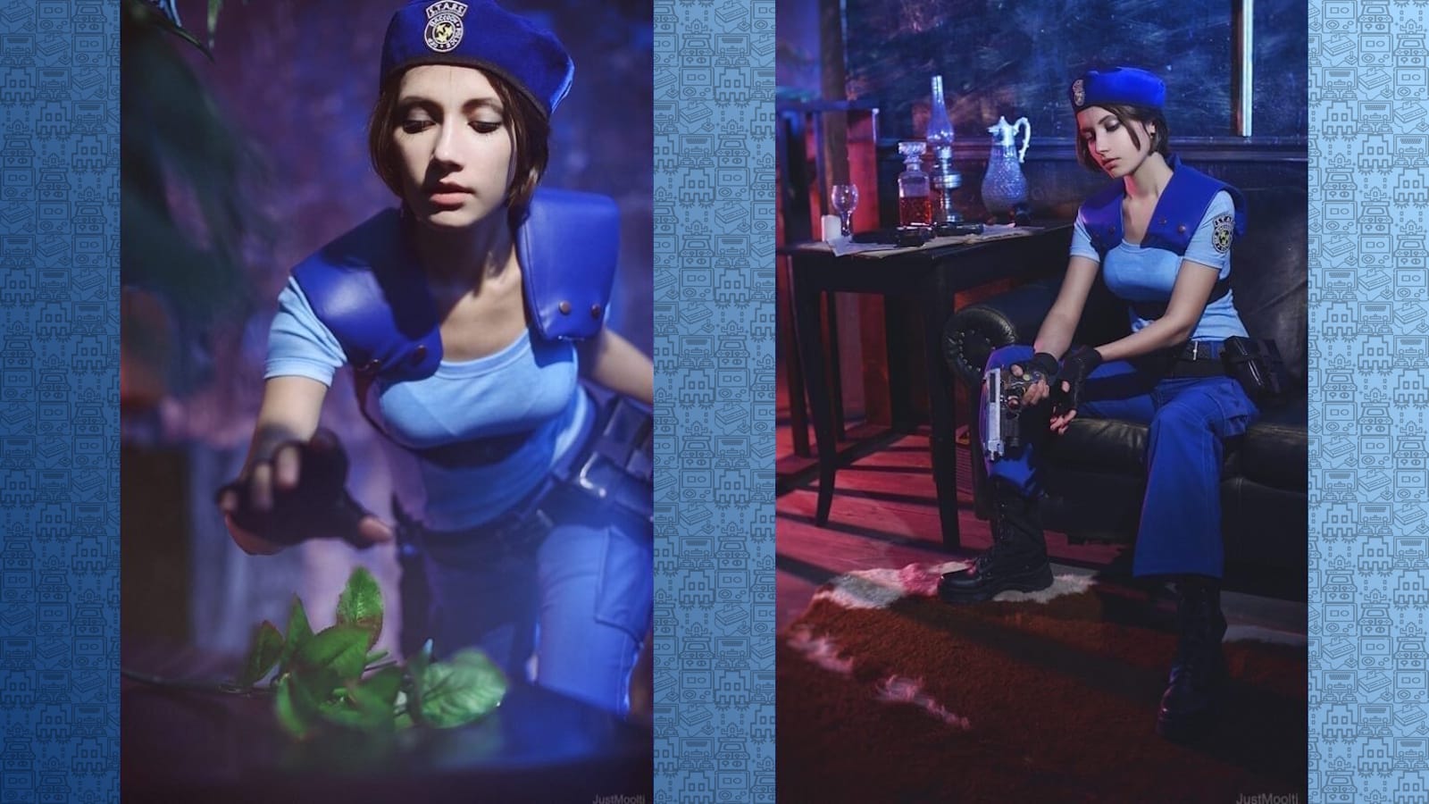 Duas fotos de pessoa com uniforme azul R.P.D. e boina. À esquerda observa planta sob luz azul e roxa; à direita senta em sofá verde segurando arma ao lado de mesa com garrafas sob luz azul e vermelha.