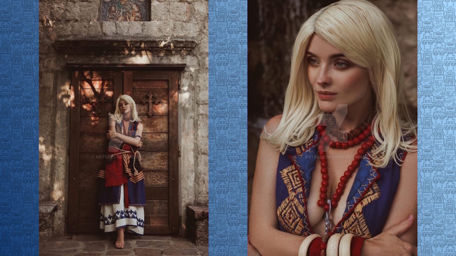Duas fotos lado a lado de pessoa com cabelo loiro longo usando traje azul, branco e vermelho com padrões e bordados. À esquerda, está descalça diante de porta rústica; à direita, close mostra colares vermelhos e pulseiras.