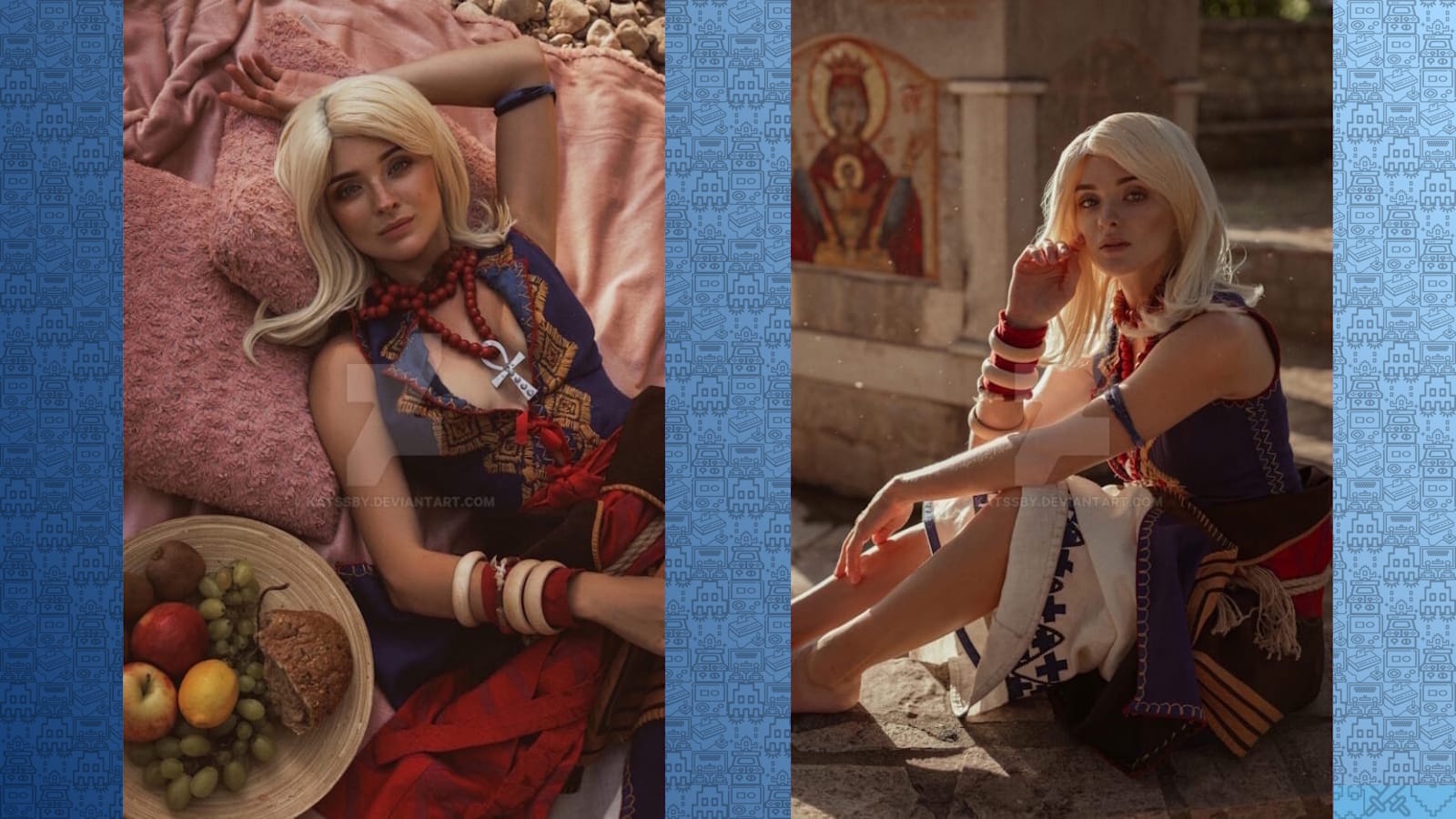 Duas imagens de pessoa loira com traje azul e vermelho decorado com colares, pulseiras e pingente. À esquerda, reclina sobre manta rosa com cesta de frutas; à direita, senta perto de estrutura de pedra com ícone religioso ao fundo.