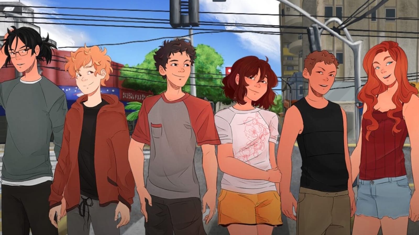 Seis personagens animados em pé lado a lado em rua com prédios, semáforos, fios e céu azul. Cada um tem roupas e estilos diferentes, como camisetas, hoodies, shorts e jeans, sugerindo grupo de amigos em ambiente moderno.