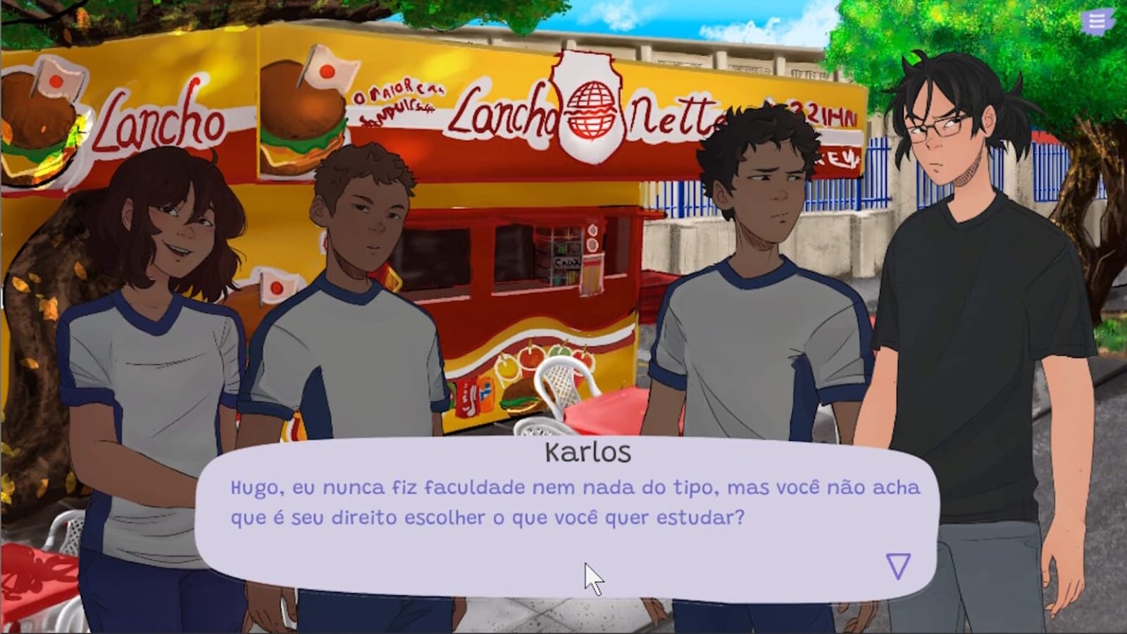 Quatro personagens ilustrados diante de lanchonete amarela e vermelha com desenhos de hambúrgueres. Três usam camisa branca com mangas azuis; um usa camisa preta e óculos. Caixa de diálogo mostra fala de Karlos sobre direito de escolher o que estudar.