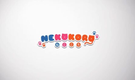 Logo ‘NEKOKORO’ em letras arredondadas azul, rosa e laranja, com rosto de gato estilizado no ‘U’ e cauda no ‘Y’. Pequenas pegadas coloridas ao redor e caracteres japoneses em círculos abaixo.