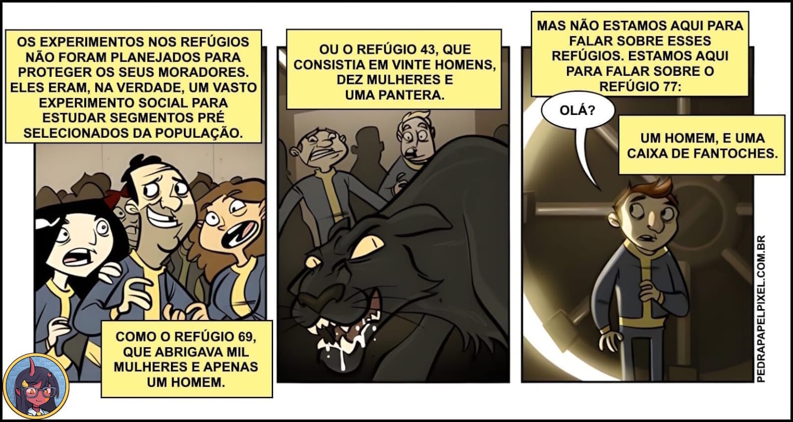 Quadrinhos em três painéis mostrando grupos de pessoas em refúgios experimentais, incluindo mulheres, homens e uma pantera. Último painel mostra homem diante de porta metálica circular dizendo ‘Olá?’ enquanto texto explica o Refúgio 77 e sua caixa de fantoches.