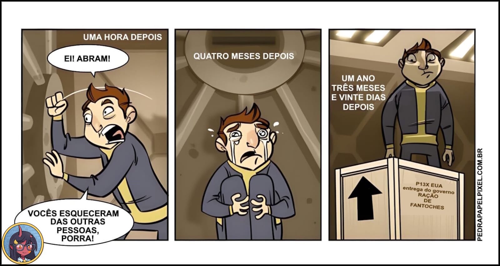 Três painéis mostram personagem diante de porta metálica: primeiro gritando para ser liberado, depois chorando meses depois, e por fim ao lado de caixa marcada como ‘ração de fantoches’. Textos indicam passagem de tempo.