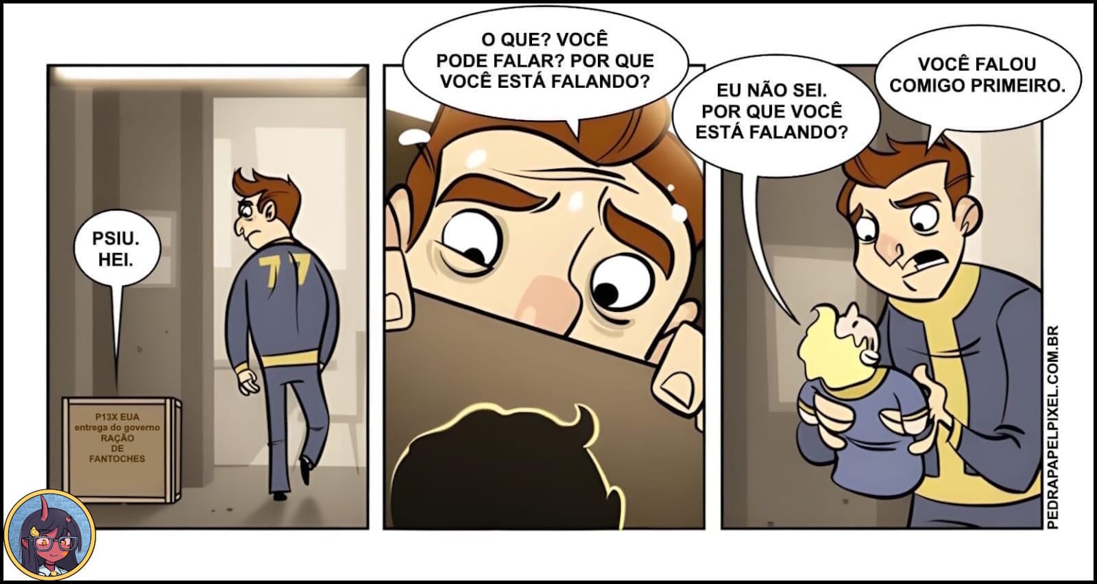 Quadrinhos mostram personagem de macacão azul encontrando caixa de fantoches. Ele pega boneco estilo mascote e conversa com ele, surpreso ao ouvir o fantoche responder.