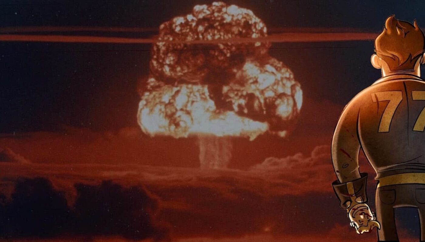 Ilustração mostra personagem de jaqueta com número 77 observando nuvem de cogumelo gigante de explosão nuclear sob céu avermelhado.