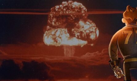 Ilustração mostra personagem de jaqueta com número 77 observando nuvem de cogumelo gigante de explosão nuclear sob céu avermelhado.