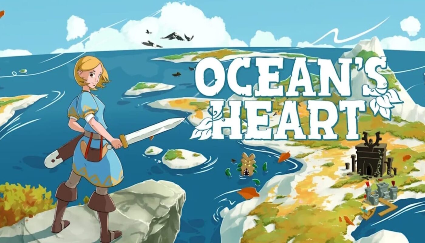 Ilustração estilizada mostrando personagem loira com túnica azul e botas, segurando espada enquanto observa oceano com ilhas, fortalezas e aves no céu. Título ‘Ocean’s Heart’ aparece em letras brancas decoradas.