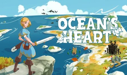 Ilustração estilizada mostrando personagem loira com túnica azul e botas, segurando espada enquanto observa oceano com ilhas, fortalezas e aves no céu. Título ‘Ocean’s Heart’ aparece em letras brancas decoradas.