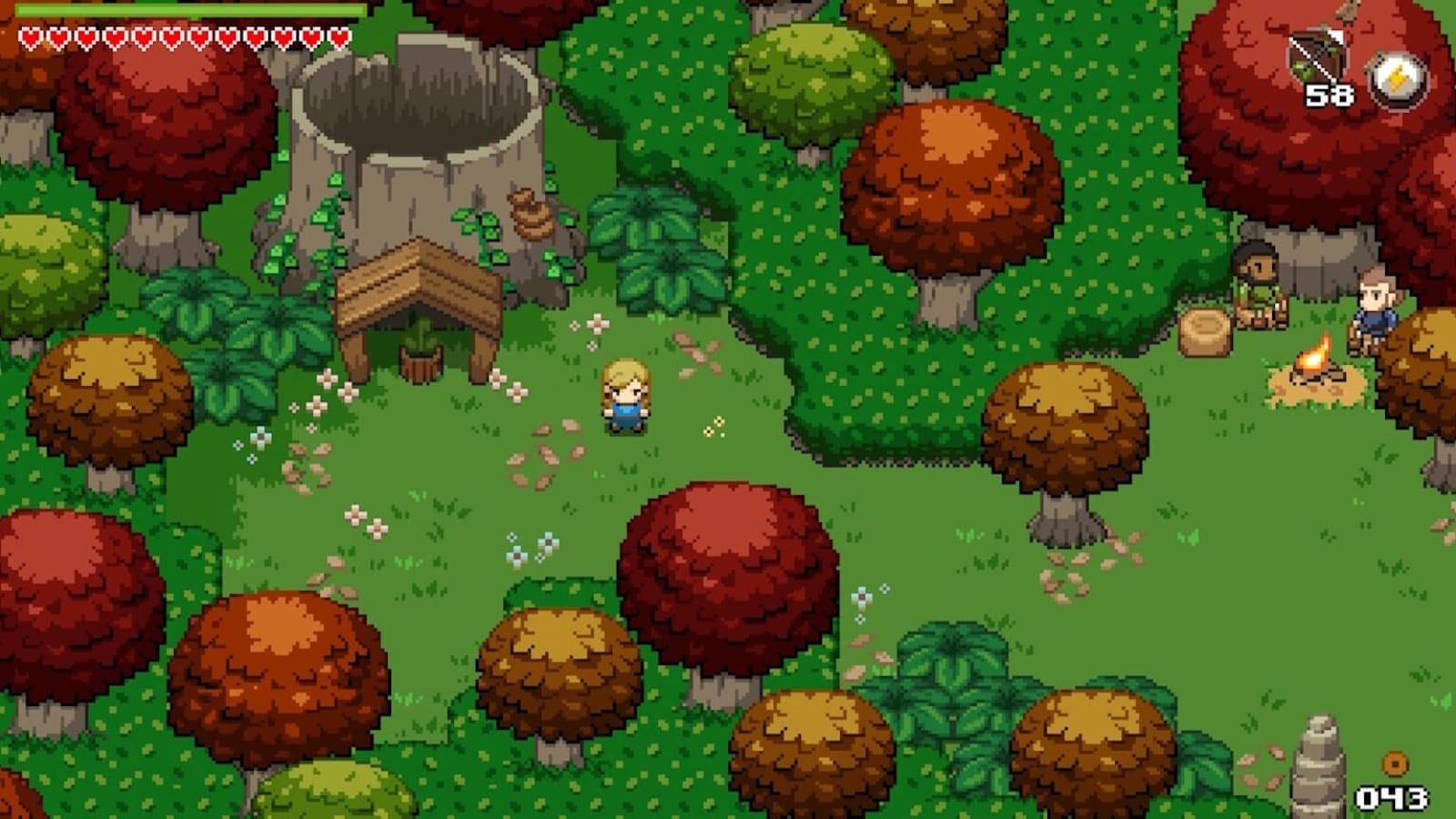 Cena em pixel art com personagem de cabelos claros caminhando sobre ponte de pedra acima de água azul com vitórias‑régias e flores rosas. Árvores grossas surgem da água e ruínas em forma de rostos aparecem ao fundo, com pequena queda‑d’água à direita.