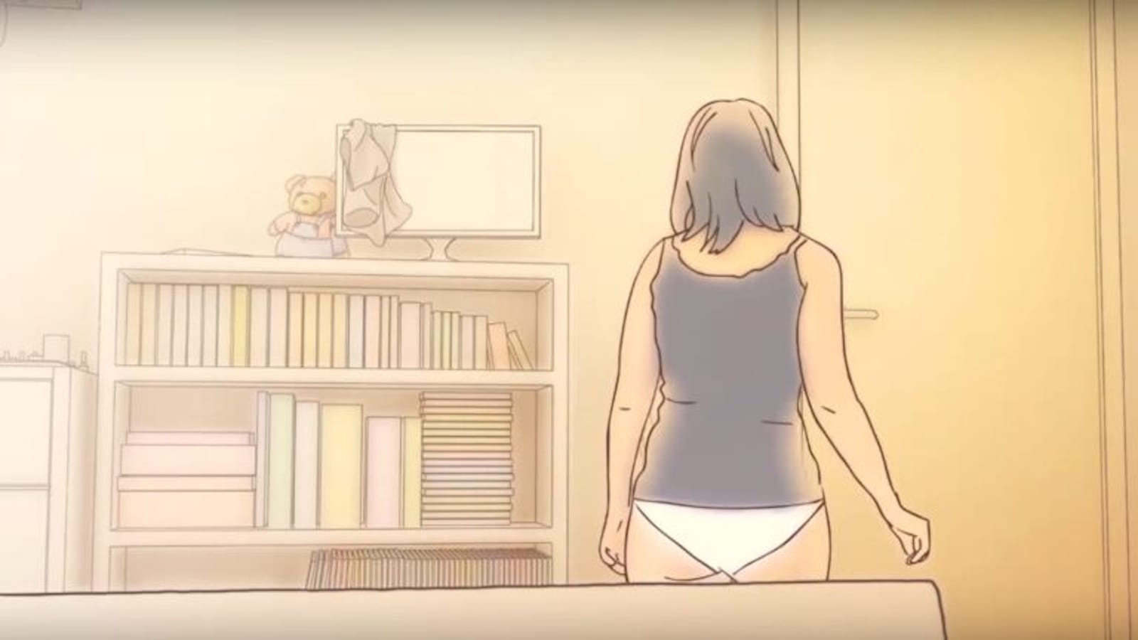 Ilustração de pessoa de regata escura e roupa íntima clara em quarto com estante cheia de livros, urso de pelúcia e monitor coberto por tecido. A figura está de pé voltada para a porta.