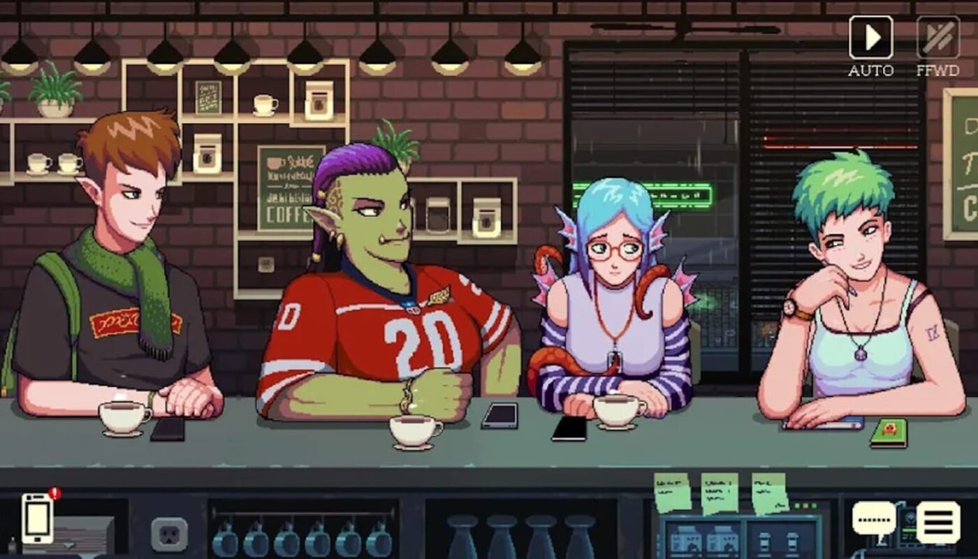 Cena em pixel art com quatro personagens sentados em balcão de cafeteria moderna com paredes de tijolos, luminárias pendentes e prateleiras com plantas. Cada personagem tem aparência fantástica ou sci‑fi, orelhas élficas, pele verde com moicano roxo, cabelo azul com asas nas costas e cabelo verde curto, todos com xícaras de café e celulares sobre o balcão.