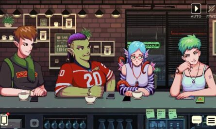 Cena em pixel art com quatro personagens sentados em balcão de cafeteria moderna com paredes de tijolos, luminárias pendentes e prateleiras com plantas. Cada personagem tem aparência fantástica ou sci‑fi, orelhas élficas, pele verde com moicano roxo, cabelo azul com asas nas costas e cabelo verde curto, todos com xícaras de café e celulares sobre o balcão.