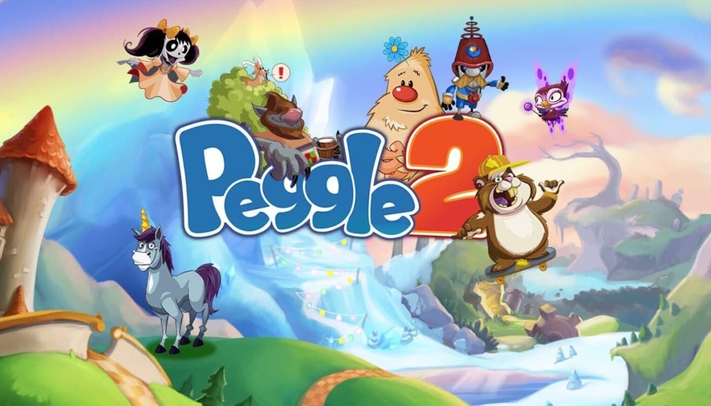 Ilustração vibrante com logo ‘Peggle 2’ ao centro. Ao redor, personagens como unicórnio, menina com maria‑chiquinhas, criatura peluda, robô, ser roxo energético e castor com capacete em skate. Fundo mostra colinas, cachoeira, torre e arco‑íris.