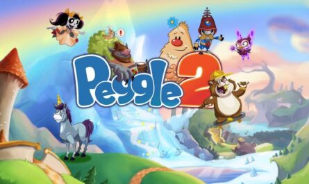 Ilustração vibrante com logo ‘Peggle 2’ ao centro. Ao redor, personagens como unicórnio, menina com maria‑chiquinhas, criatura peluda, robô, ser roxo energético e castor com capacete em skate. Fundo mostra colinas, cachoeira, torre e arco‑íris.