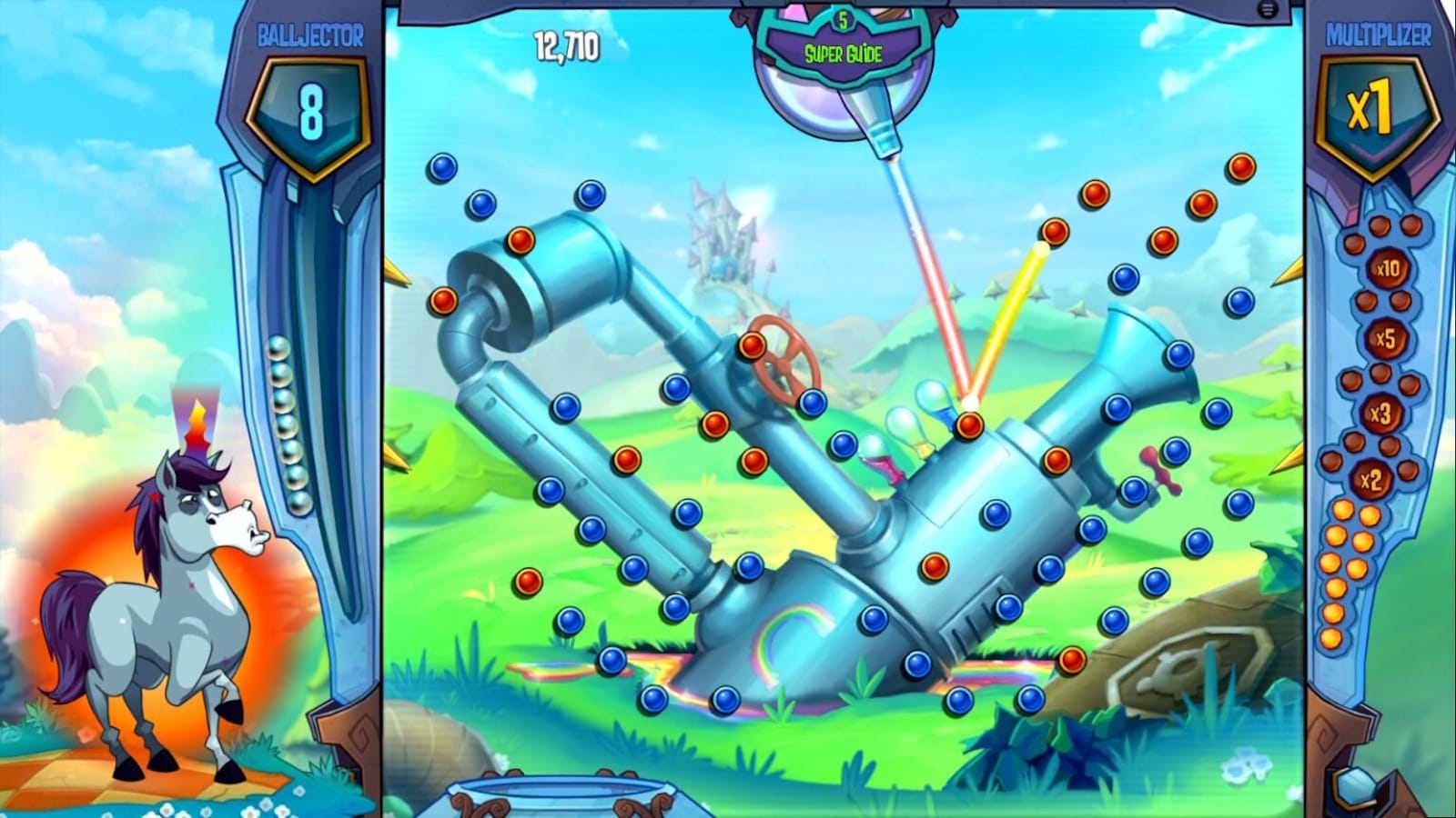 Screenshot de Peggle com unicórnio à esquerda e tabuleiro com tubos metálicos vermelhos e azuis. Bola brilhante quica deixando rastro de luz.