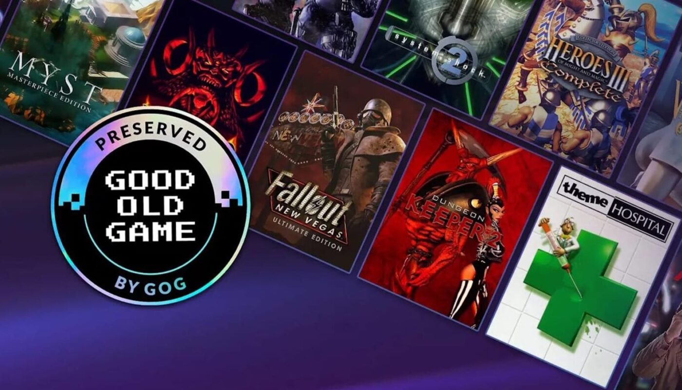 Colagem promocional da plataforma GOG destacando jogos clássicos preservados digitalmente. Na centro‑esquerda há um selo circular escrito ‘Preserved Good Old Game by GOG’. Ao redor aparecem capas de vários jogos famosos.