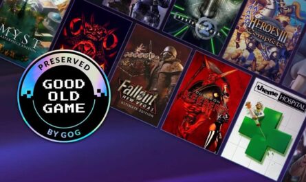 Colagem promocional da plataforma GOG destacando jogos clássicos preservados digitalmente. Na centro‑esquerda há um selo circular escrito ‘Preserved Good Old Game by GOG’. Ao redor aparecem capas de vários jogos famosos.