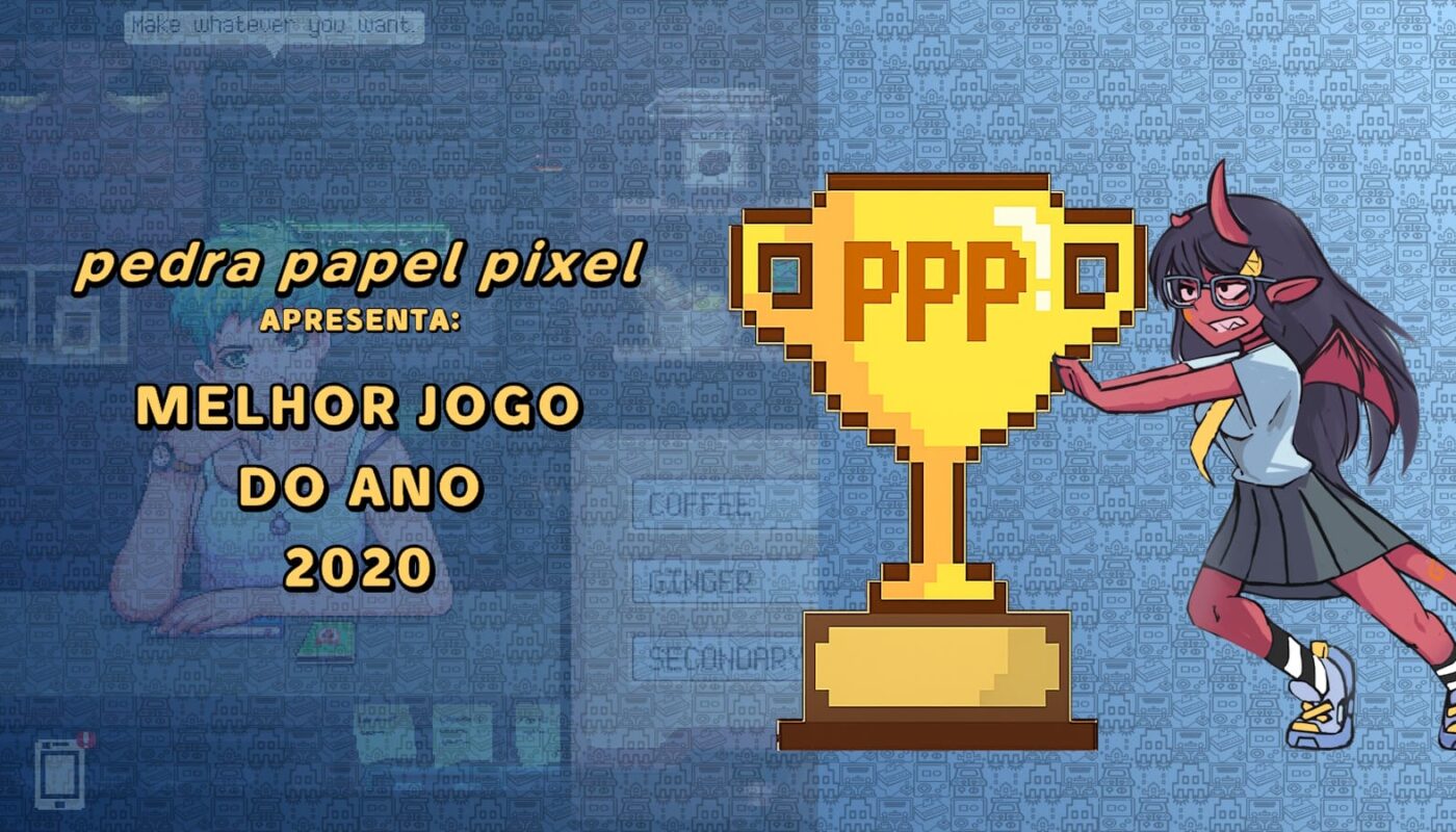 Ilustração com troféu dourado pixelado marcado ‘PPP 2020’, personagem vermelho com chifres empurrando o troféu e fundo com padrões de robôs e figura pixelada desfocada.