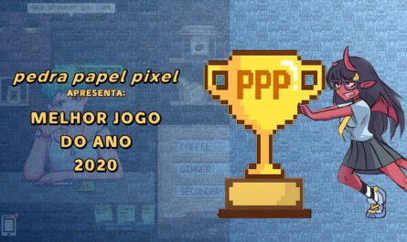 Ilustração com troféu dourado pixelado marcado ‘PPP 2020’, personagem vermelho com chifres empurrando o troféu e fundo com padrões de robôs e figura pixelada desfocada.