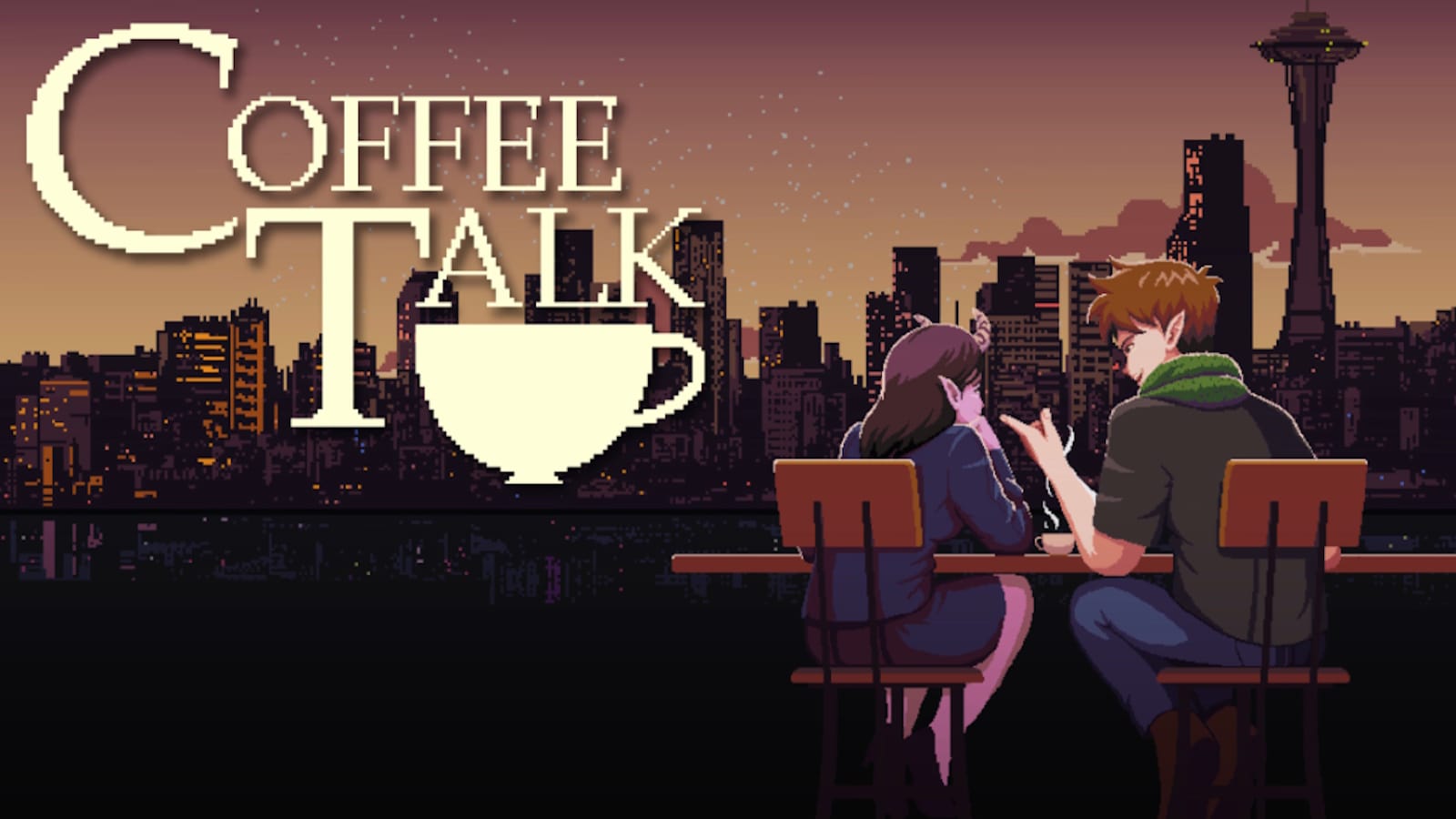 Cena em pixel art com dois personagens sentados à mesa com xícaras, skyline de Seattle ao fundo e título ‘COFFEE TALK’ com letra estilizada como xícara.