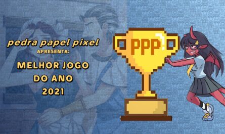 Ilustração com troféu dourado pixelado marcado ‘PPP 2021’, personagem vermelho com chifres empurrando o troféu e fundo com figuras estilizadas relacionadas a jogos.