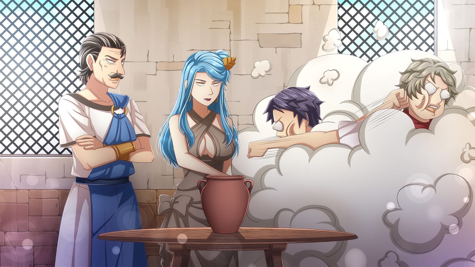 Cena em estilo anime com dois personagens tranquilos ao lado de mesa e dois outros lutando em meio a poeira, dentro de sala com paredes de pedra e janelas gradeadas.